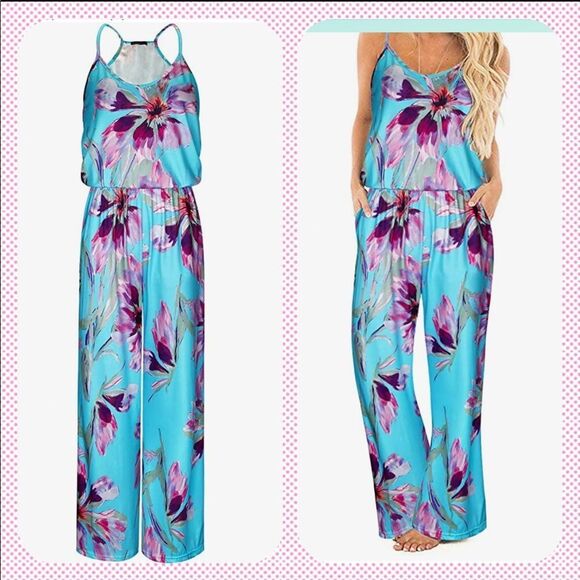 Women's Floral Sleeveless Racer Back Wide Leg Pant Jumpsuits Romper - Picture 1 of 3